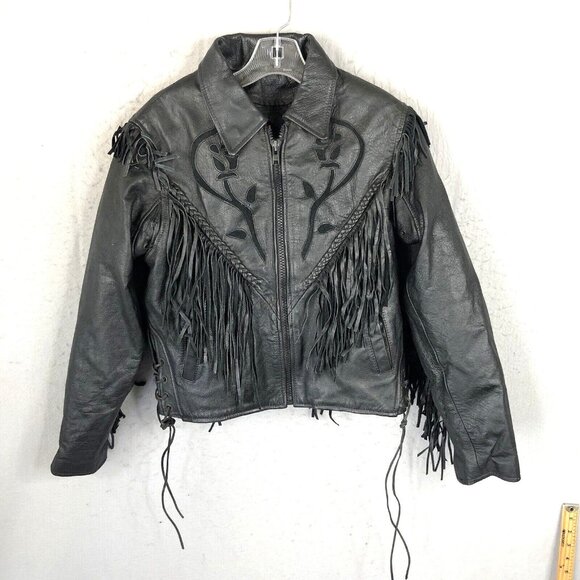 Bikers Club Jackets & Blazers - Black Leather Jacket Womens M Moto Fringe Scrolls Braids Biker Whimsigoth Rock